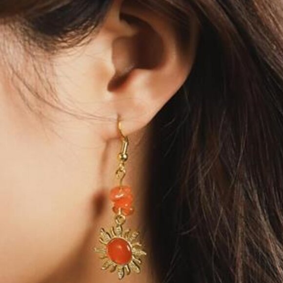 Boho Sunburst Earrings – Natural Stone Statement Earrings in Warm Orange - Picture 1 of 5